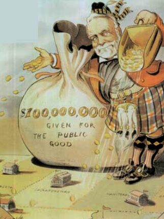 Andrew Carnegie's philanthropy as golden shower. Puck magazine cartoon by Louis Dalrymple. published New York City 1903