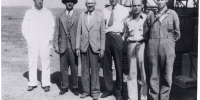 Harry Guggenheim, Robert Goddard, and Charles Lindbergh (second, third, and fourth from left), Roswell, New Mexico, September 23, 1935.